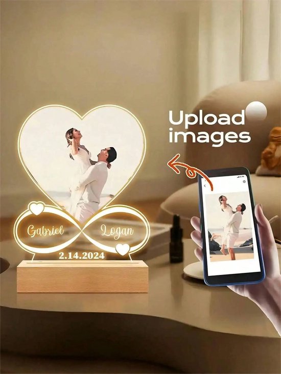 Lunekiss Valentijn Cadeau Foto Nachtlamp - Gepersonaliseerde Acryl Plaque met Naam Datum & LED - Houten - USB - Warm wit — afbeelding 3