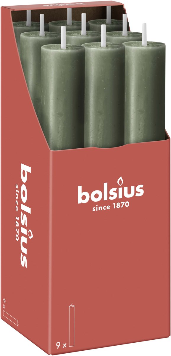 Bolsius 9 Dinerkaarsen Rustiek - Groen - 13 branduren