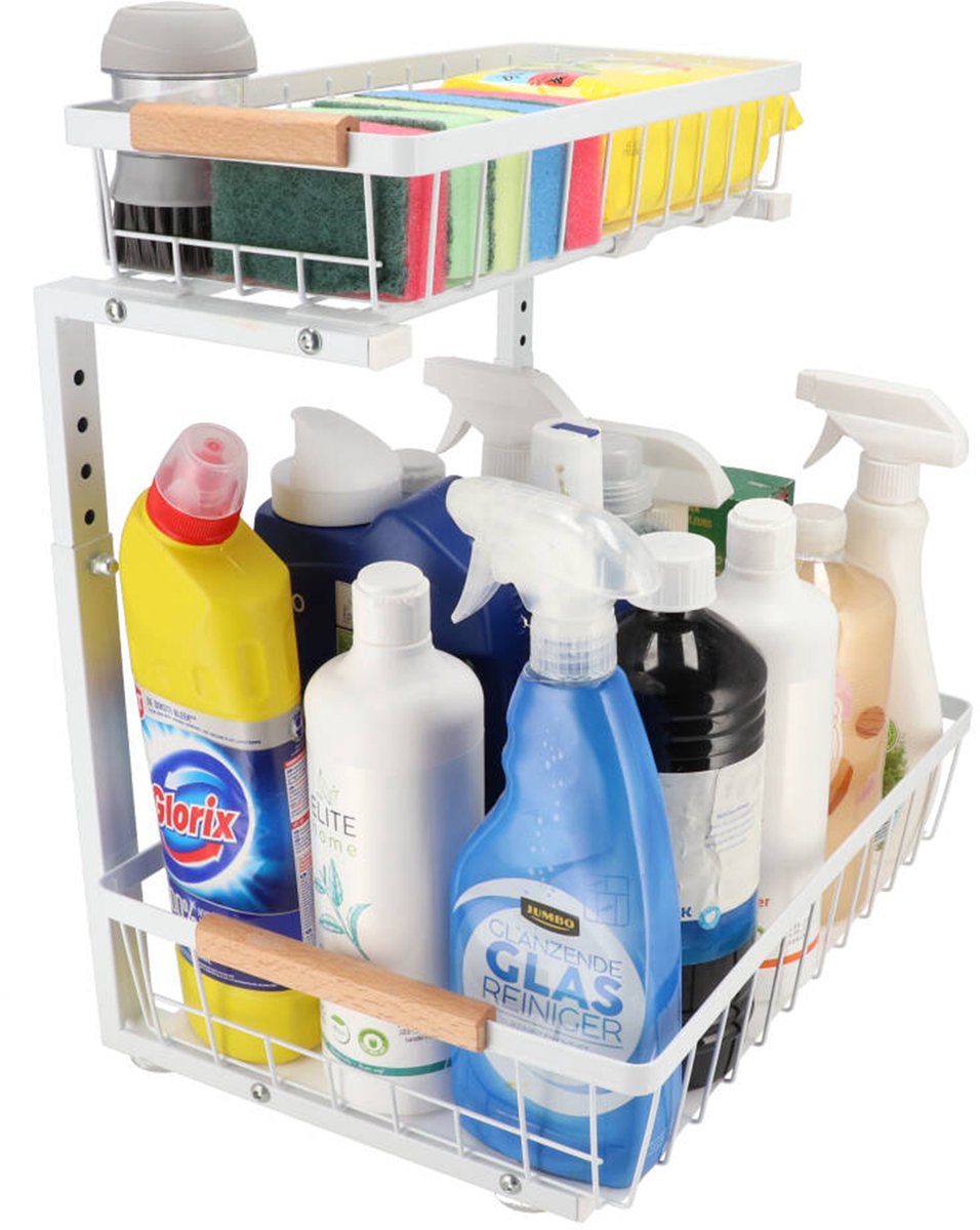 KROMS Gootsteenkast organizer wit maat XL – Verstelbaar 2-laags gootsteenrek – Extra sterk tot 25 kg – Badkamer & keukenkast organizer