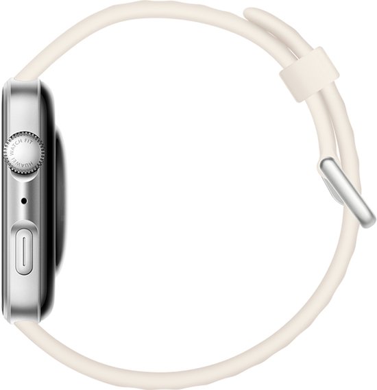 Zijprofiel van een zilverkleurig smartwatch met een crèmekleurige band.