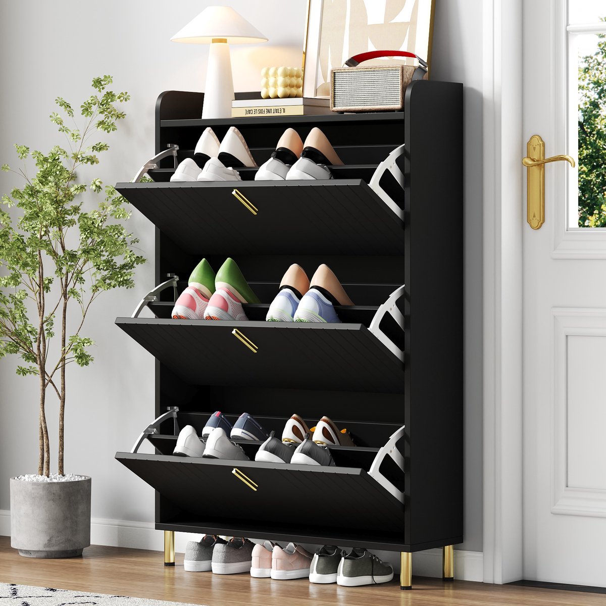 STILVORA Schoenenkast - Smal Met 3 Kleppen En 6 Vakken - Met Bovenplank En Anti Kantelbeveiliging - MDF - Zwart - 80x23x123,5 Cm