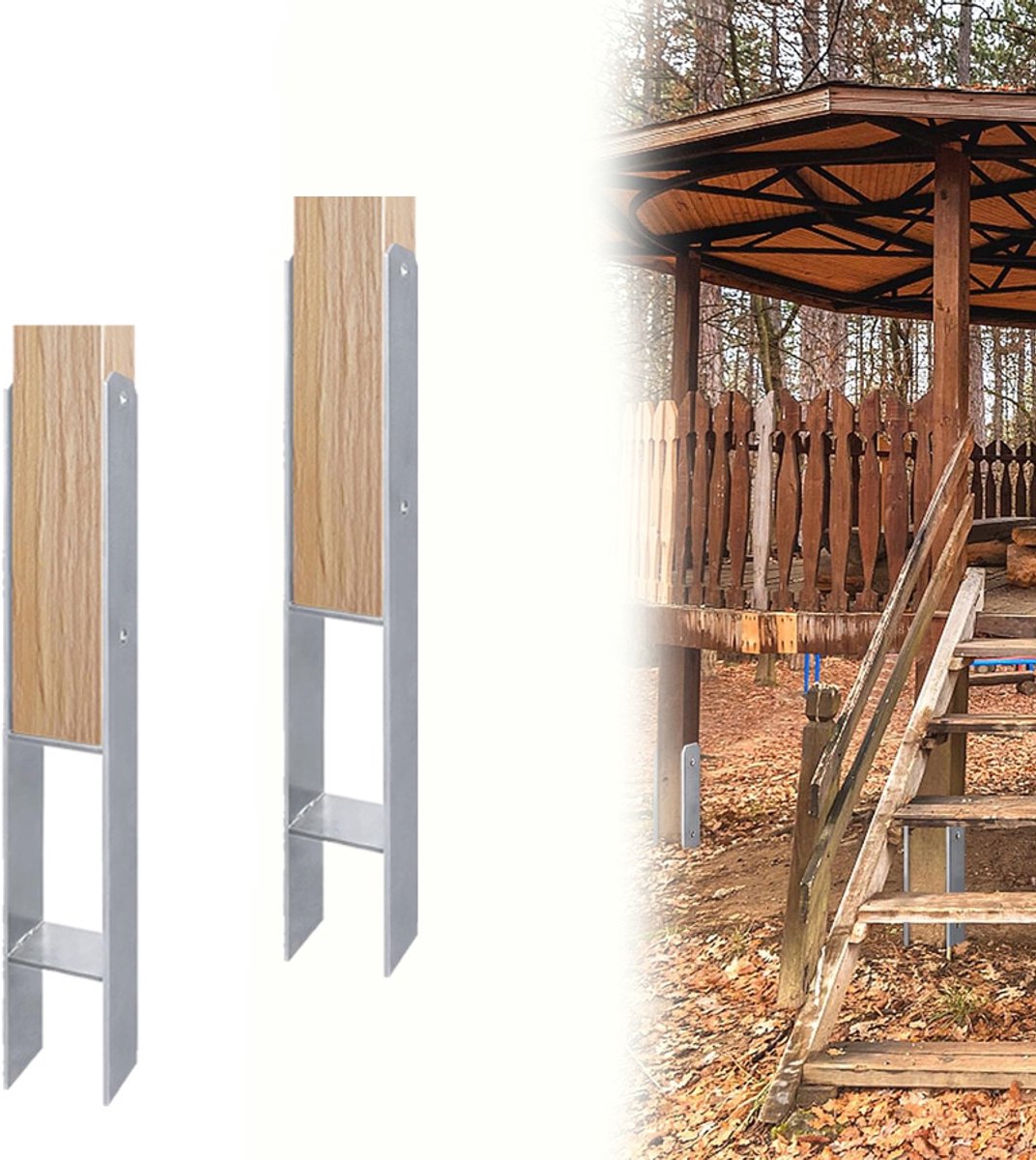 Aufun H-Vormige Paalbeugels - 2 Stuks - 121 mm H-Vormig Verankeringselement - Lengte: 600 mm - Materiaaldikte: 5 mm - Robuuste Paalschoenen Voor Vierkante Houten Palen