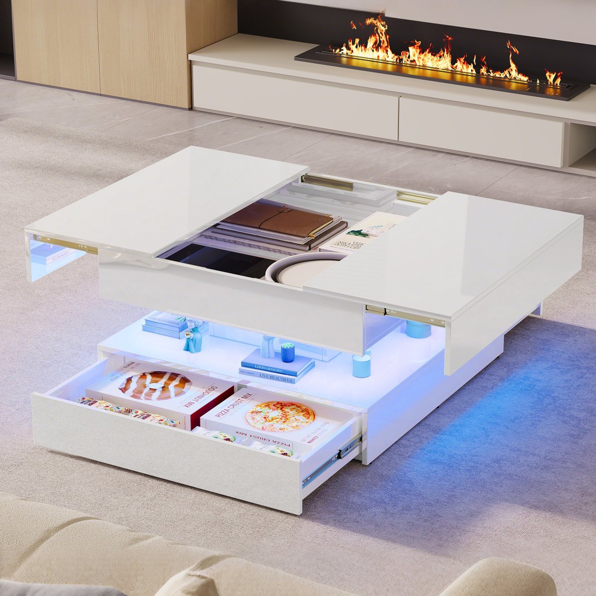 Hoogglans Salontafel met RGB-LED & Opbergruimte – Moderne Salontafel 4 Laden + 2 Planken, 78x78x43 cm, Wit
