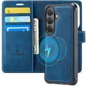 Open marineblauwe Casemania book case met telefoonhoes achteraan, kaarthouders en geldvak.