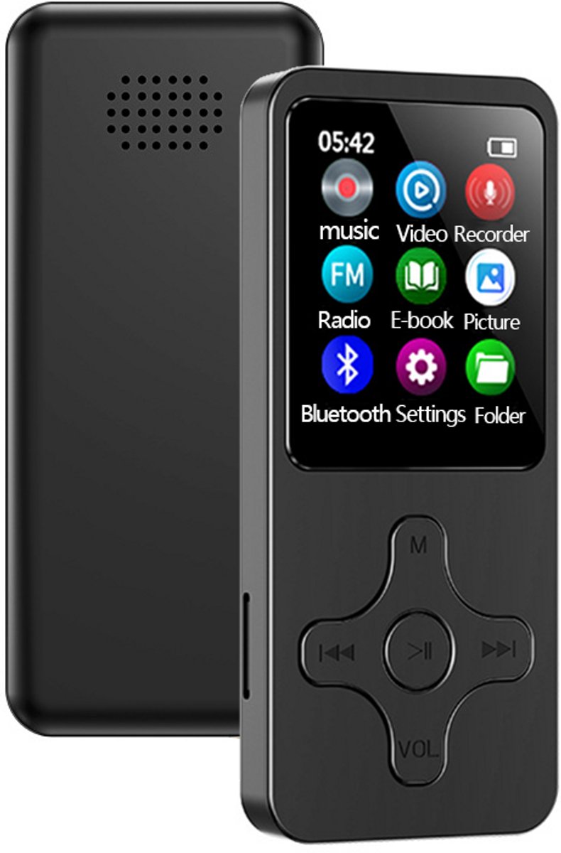 NAXSIR MP3 Bluetooth-speler, 1,8-inch kleurenscherm, spraakopnamefunctie, wekker, e-bookreader