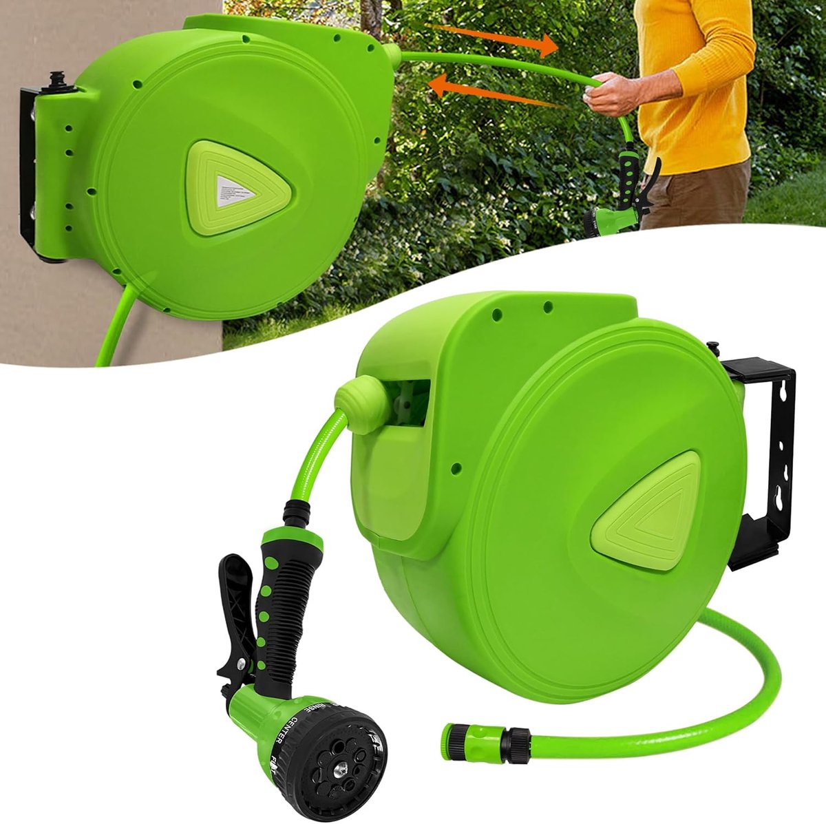 Aufun Slanghaspel - 20 M + 2 M - Groen - 3/4-Inch Aansluiting 180 Graden Draaibaar - Automatische Slanghaspel - Inclusief Muurbeugel En Handvat - Geschikt Voor Tuinen, Irrigatie, Autowassen