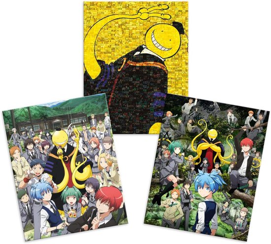 Drie posters met anime-personages en een gele octopusachtige leraar, Koro Sensei, in verschillende scènes.