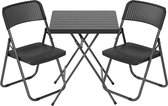 Zwarte inklapbare bistroset bestaande uit een tafel en twee stoelen, op witte achtergrond.