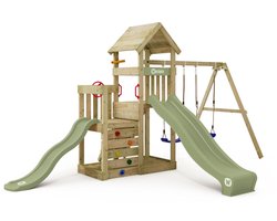 Wickey - Speeltoestel SkyFlyer met 2 glijbanen en schommelaanbouw - Speelhuis, Speeltoestel, Klimtoestel, Klimrek, Glijbaan, Schommel, Zandbak - Pastelgroen