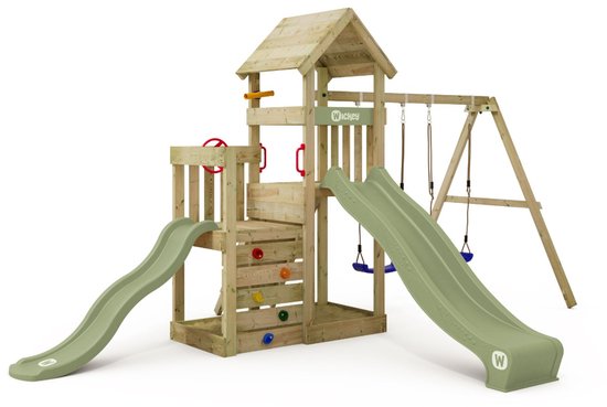 Wickey - Speeltoestel SkyFlyer met 2 glijbanen en schommelaanbouw - Speelhuis, Speeltoestel, Klimtoestel, Klimrek, Glijbaan, Schommel, Zandbak - Pastelgroen