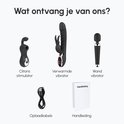 Drie zwarte seksspeeltjes: clitorisstimulator, verwarmde vibrator, wand vibrator, oplaadkabels en handleiding.