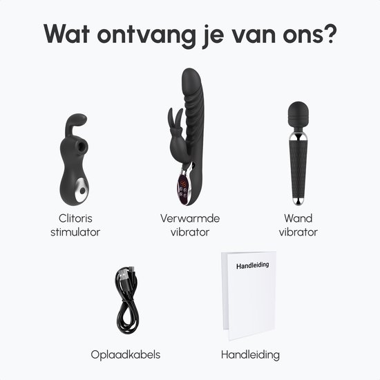 Drie zwarte seksspeeltjes: clitorisstimulator, verwarmde vibrator, wand vibrator, oplaadkabels en handleiding.