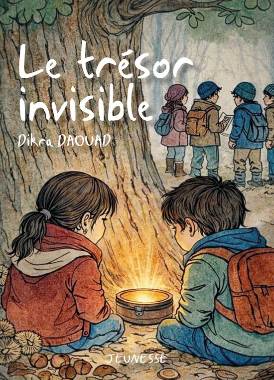 Couverture de livre avec le titre 'Le trésor invisible'. Deux enfants regardent une boîte lumineuse, tandis qu'un groupe d'enfants regarde une carte en arrière-plan.