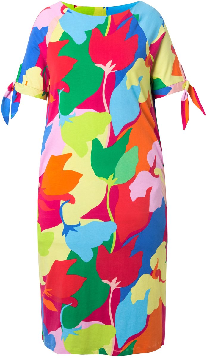 Ulla Popken - Dames - Midi-jurk bladeren A-lijn carmenhals korte mouwen - Roze - Maat 46+