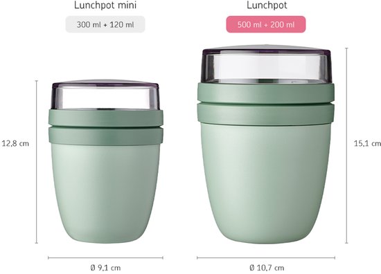 Twee lichtgroene lunchpotten naast elkaar, de linker is 300 ml + 120 ml, de rechter is 500 ml + 200 ml.