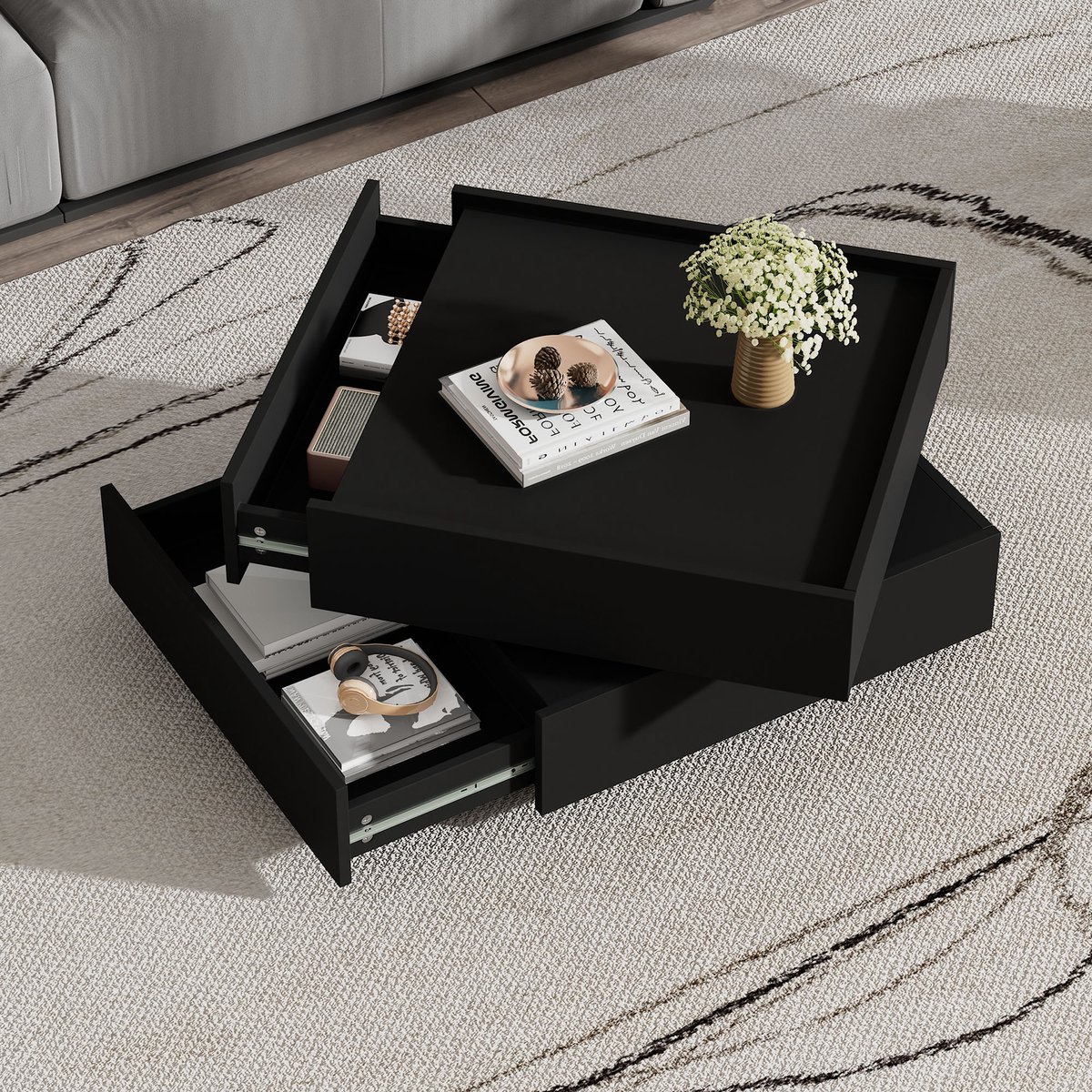 REDOM Salontafel 60x60x38 cm van spaanplaat, 360° draaibaar met 2 laden Zwart