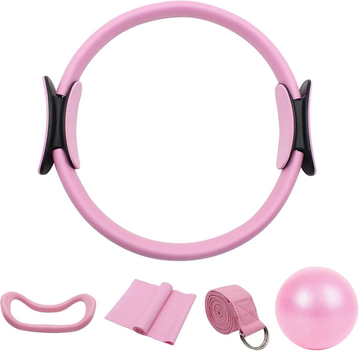 Basis Home Fitness Set - 5-delig incl. Pilates Ring, Elastische Stretchriem, Weerstandsband, Yoga Bal & Ring | Training & Oefeningen Thuis Gymnastiek | Basic Home Workout Gym 5-Piece Set | Crossfit | Mannen & Vrouwen | Unisex