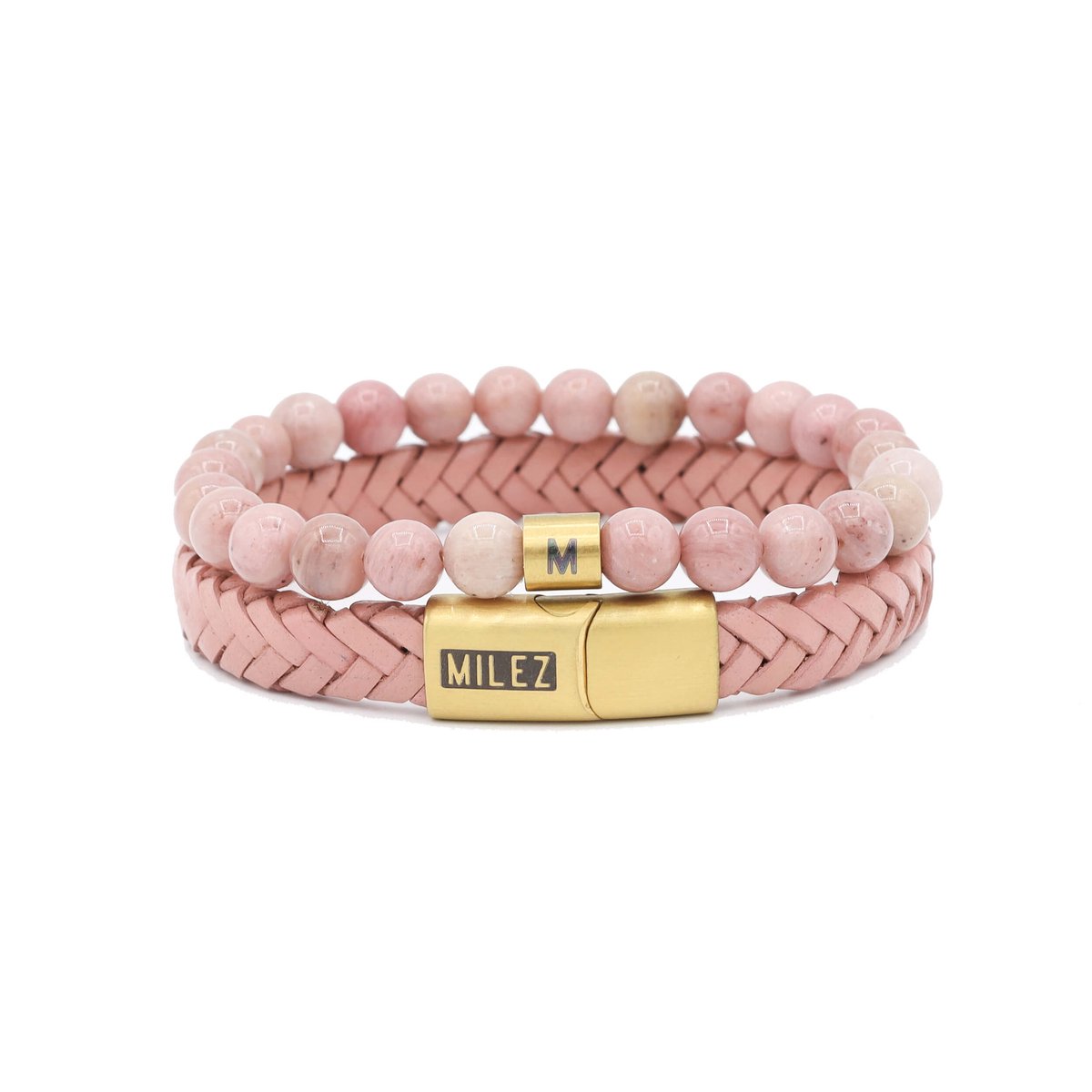 Milez - Armband set dames - armband dames leer kralen - Roze-Goud - Maat L