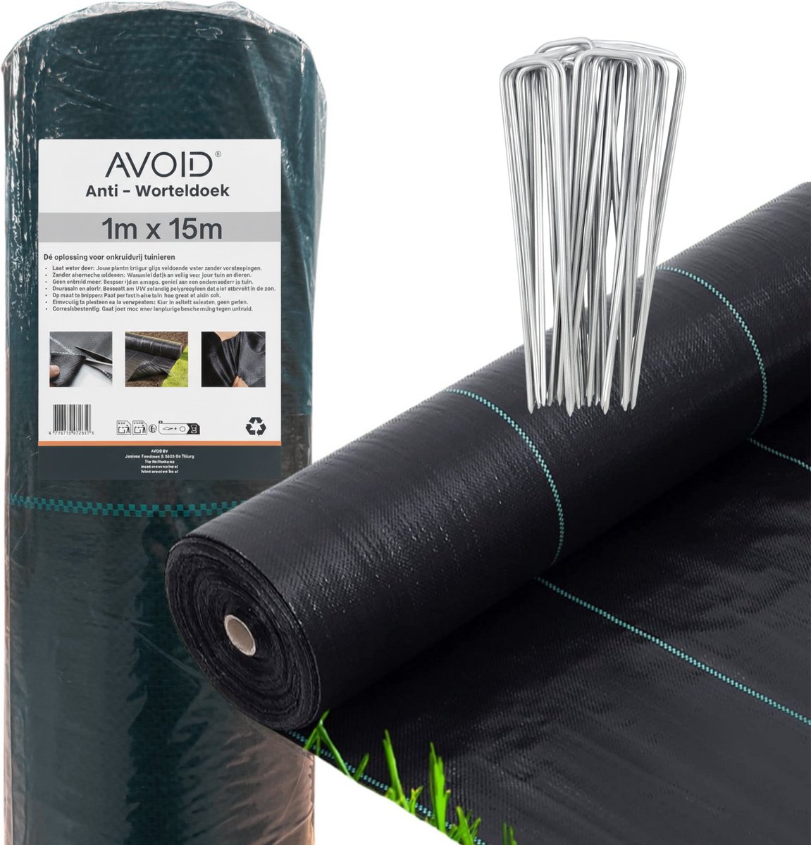 AVOID Anti Worteldoek 1x15m & 40 Gronddoekpennen - Grondzeil tegen Onkruid - 110 g/m² - Gronddoek