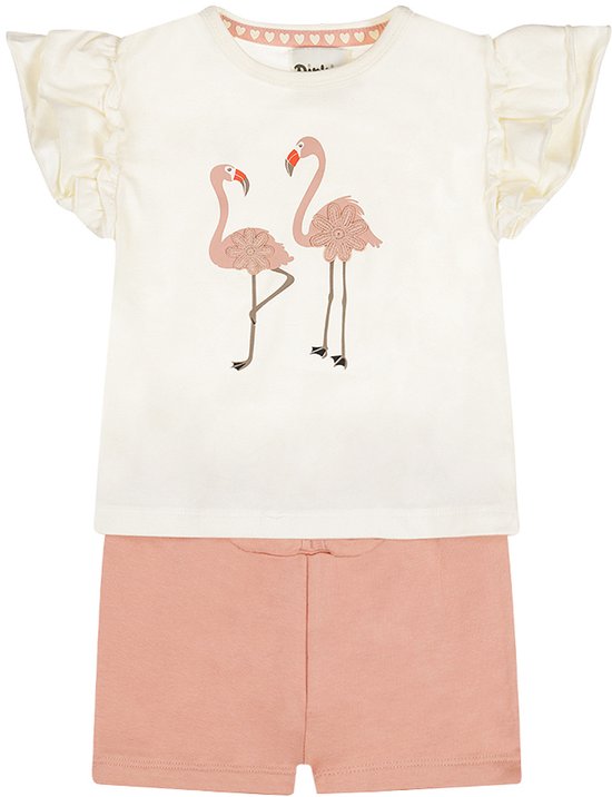 Off-white T-shirt met flamingo print en roze short, voorkant.