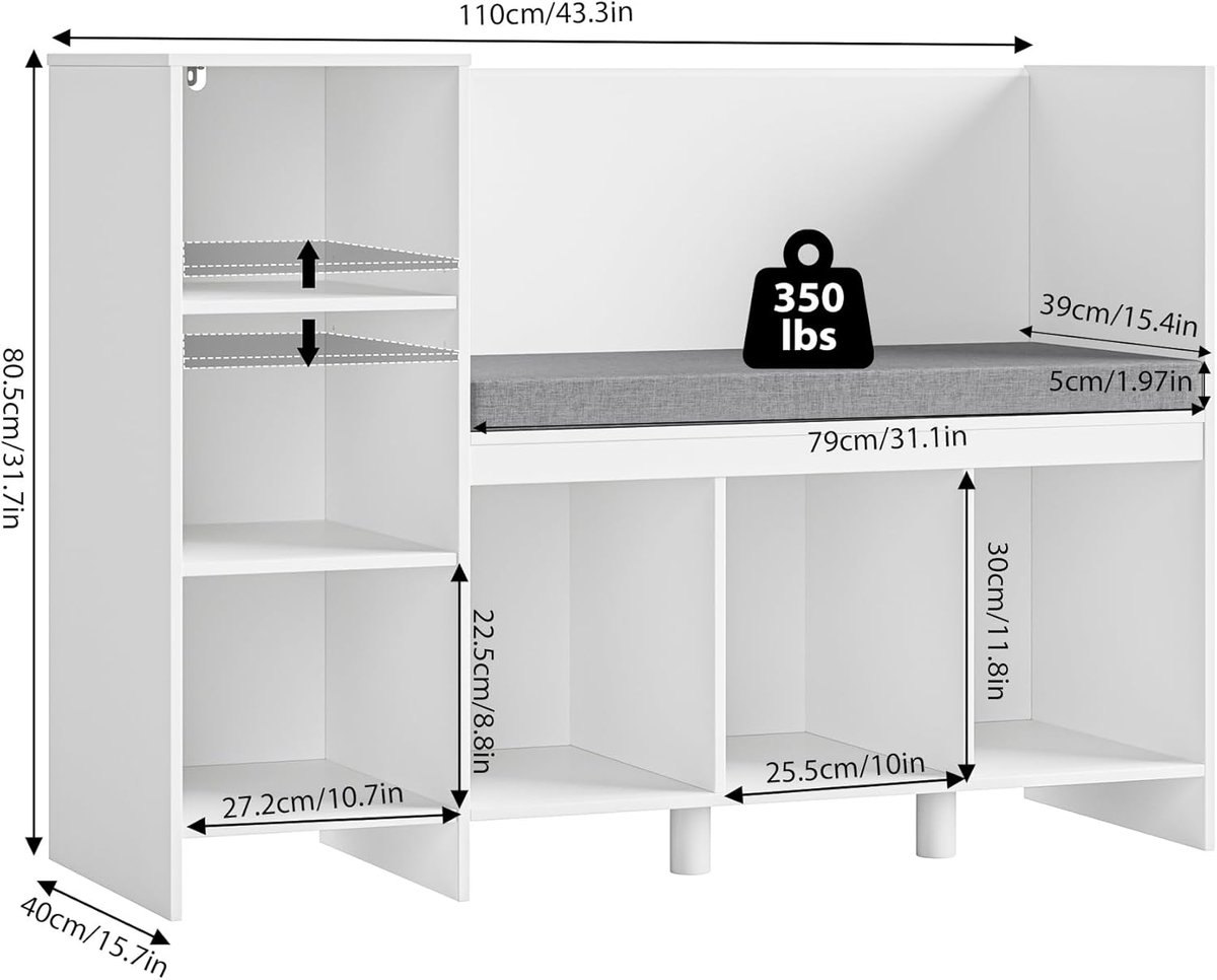 Kinderboekenkast – Casa Velluto Play&Read 6-Kubus Opbergunit met Zitkussen – Speelgoedrek en Leesbank voor Kinderkamer, Woonkamer of Studeerkamer – 110 x 80,5 x 40 cm – Wit