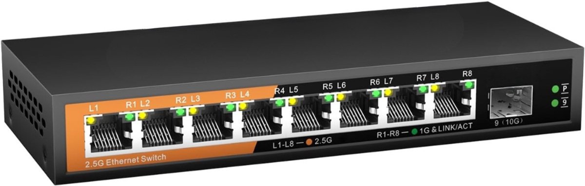 MIRA® Internet Splitter - Netwerk Switch - Ethernet - 8 Ports - 10000 Mbps - Zwart - 18cm x 8cm x 3cm