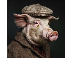 K&C Art (Canvas schilderij) 60x60cm | Varken gekleed als boer - dier - bruin - beige - zwart - roze - rood - grappig - humor | Woonkamer - slaapkamer - hal - kantoor | Foto schilderij print op canvas - wanddecoratie - muurdecoratie - wall art