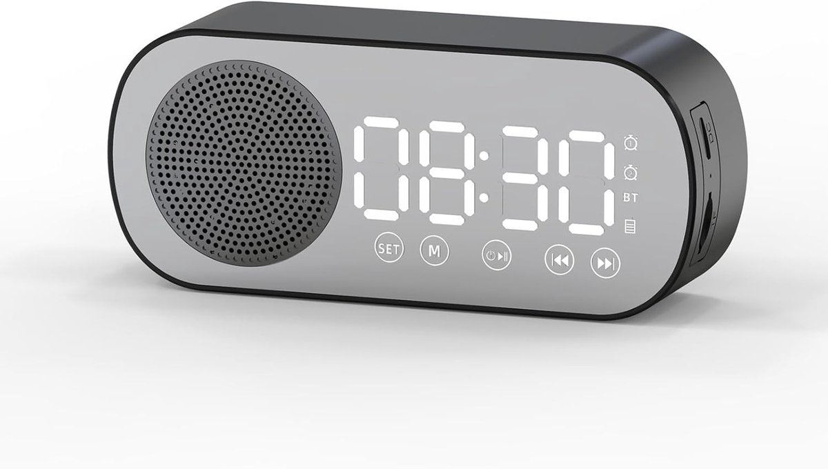 Draadloze luidspreker, muziekradio, oplaadbare digitale wekker, subwoofer, TF-kaartsleuf, geschikt voor slaapkamer, studio en kantoor (zwart).