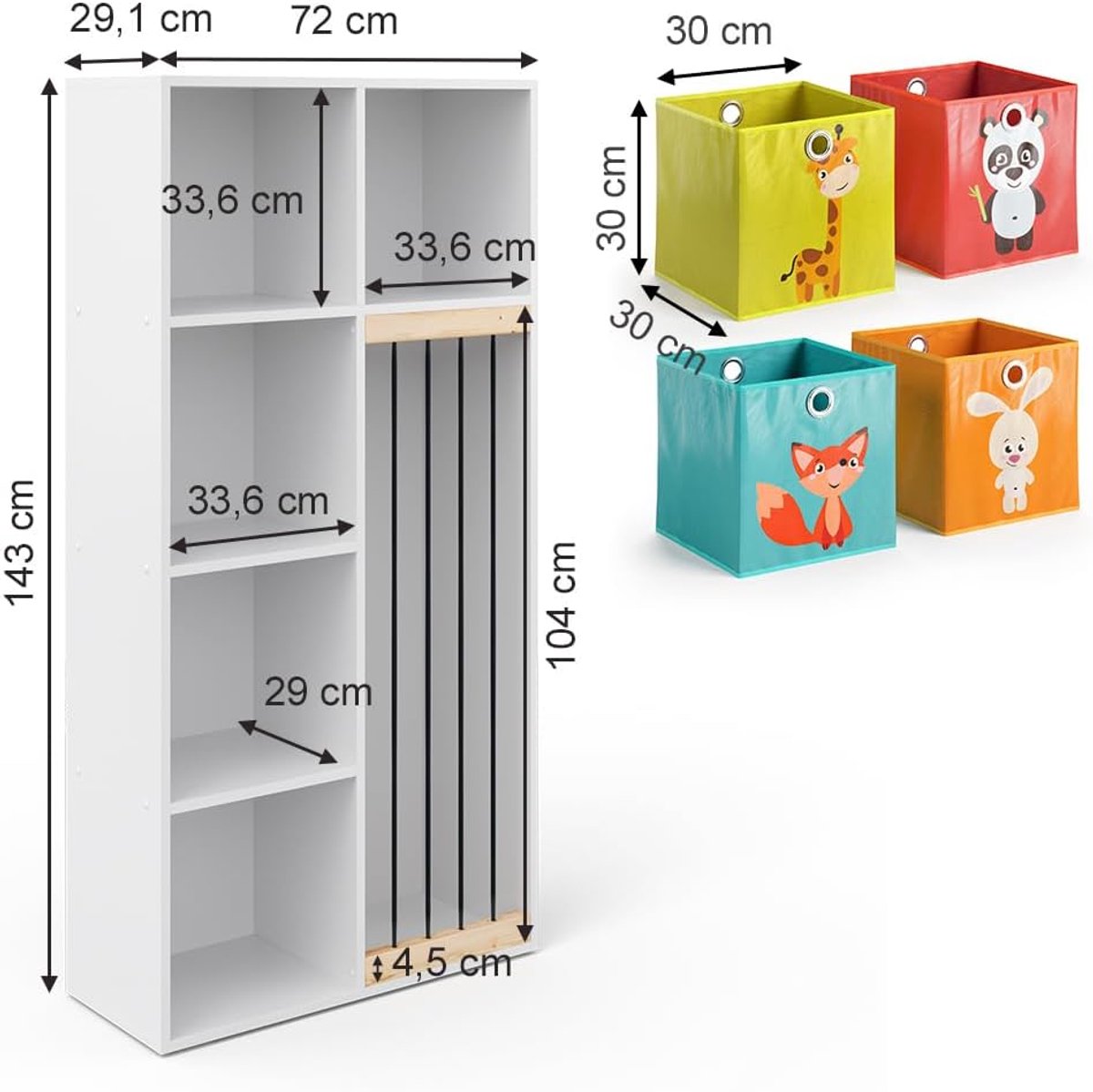Kinderboekenkast voor Speelgoed en Opbergdozen – Casa Velluto “Marvin Junior” – Wit, 72 x 143 x 29 cm – 5 Open Vakken, 4 Opbergvouwboxen – Modern, Minimalistisch, Lichtgewicht Kindermeubel
