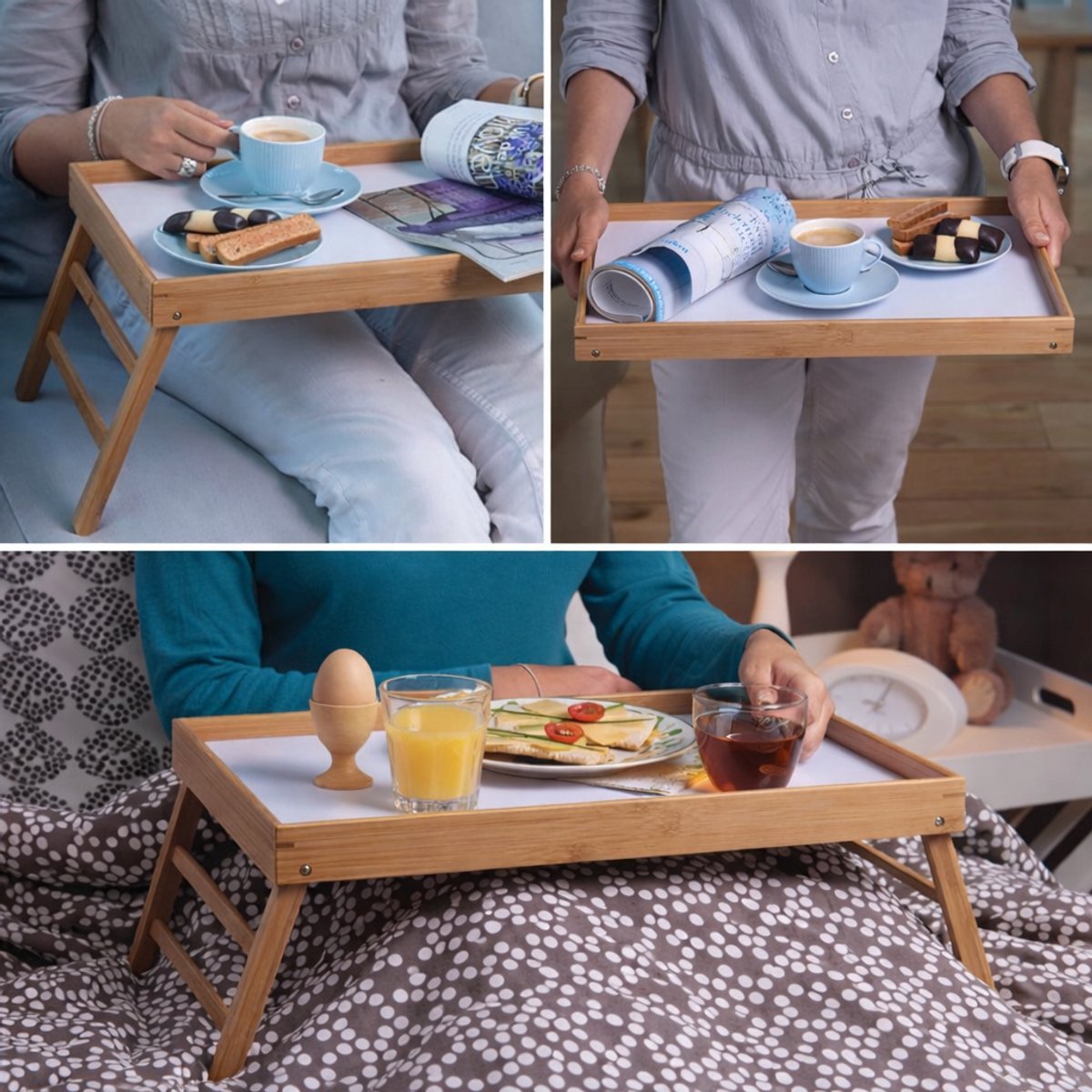 alpina Bamboe Dienblad met Opklapbare Poten – Houten Dienblad voor Ontbijt op Bed of Bank – 50x30x22 cm – Lichtgewicht en Stabiel – Serveren of Decoratie — cadeau in Koken & Dineren - foto 7