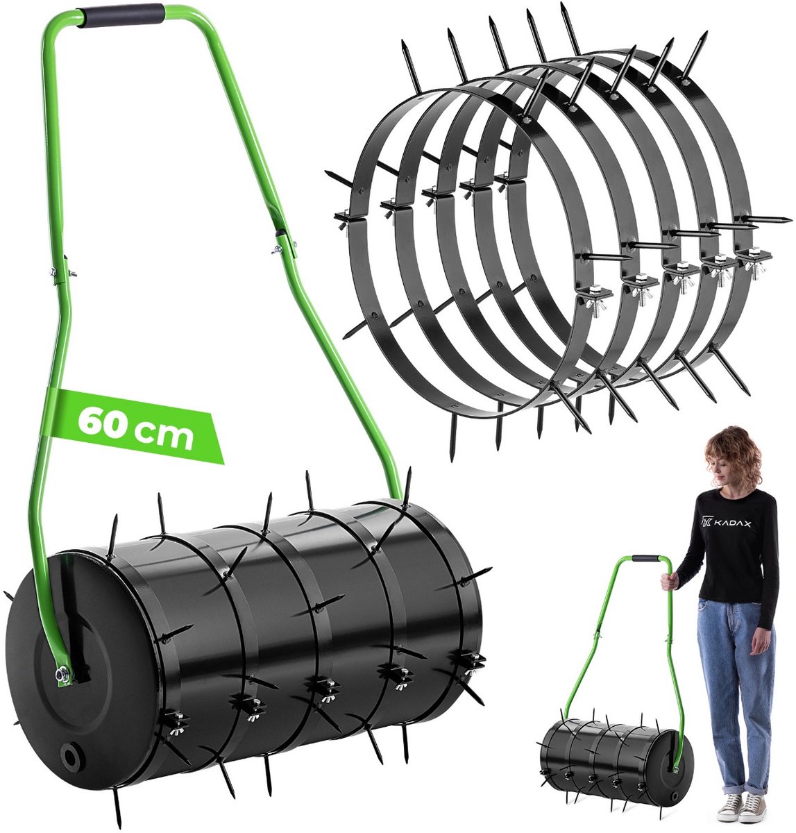 KADAX gazonbeluchter 60 cm, kan worden gevuld met water of zand, gazonroller met 6 cm nagels, stalen gazonbeluchter, tuinroller voor effectieve gazonbeluchting