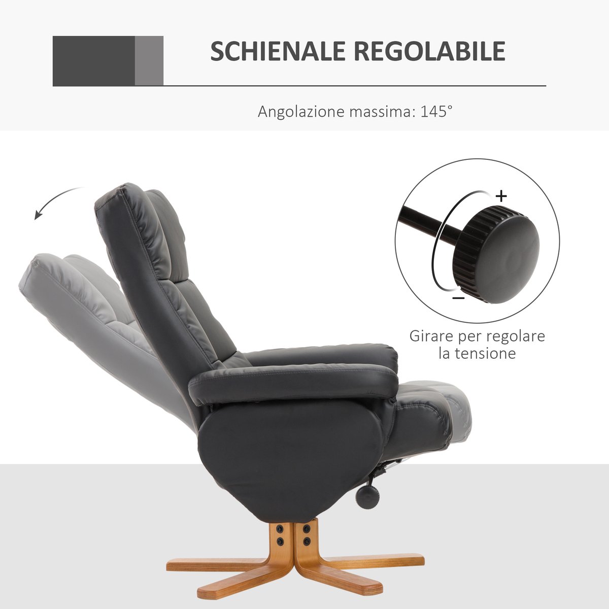 Relaxsessel Met Hocker, 145° Verstelbare Rugleuning, 360° Draaibaar, Kunstleder, Donkergrijs