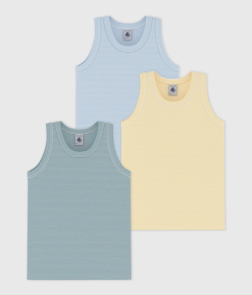 Petit Bateau Setje met katoenen hemdjes met streepjes voor kinderen Jongens Onderhemd - Groen/Wit + Blauw/Wit + Geel