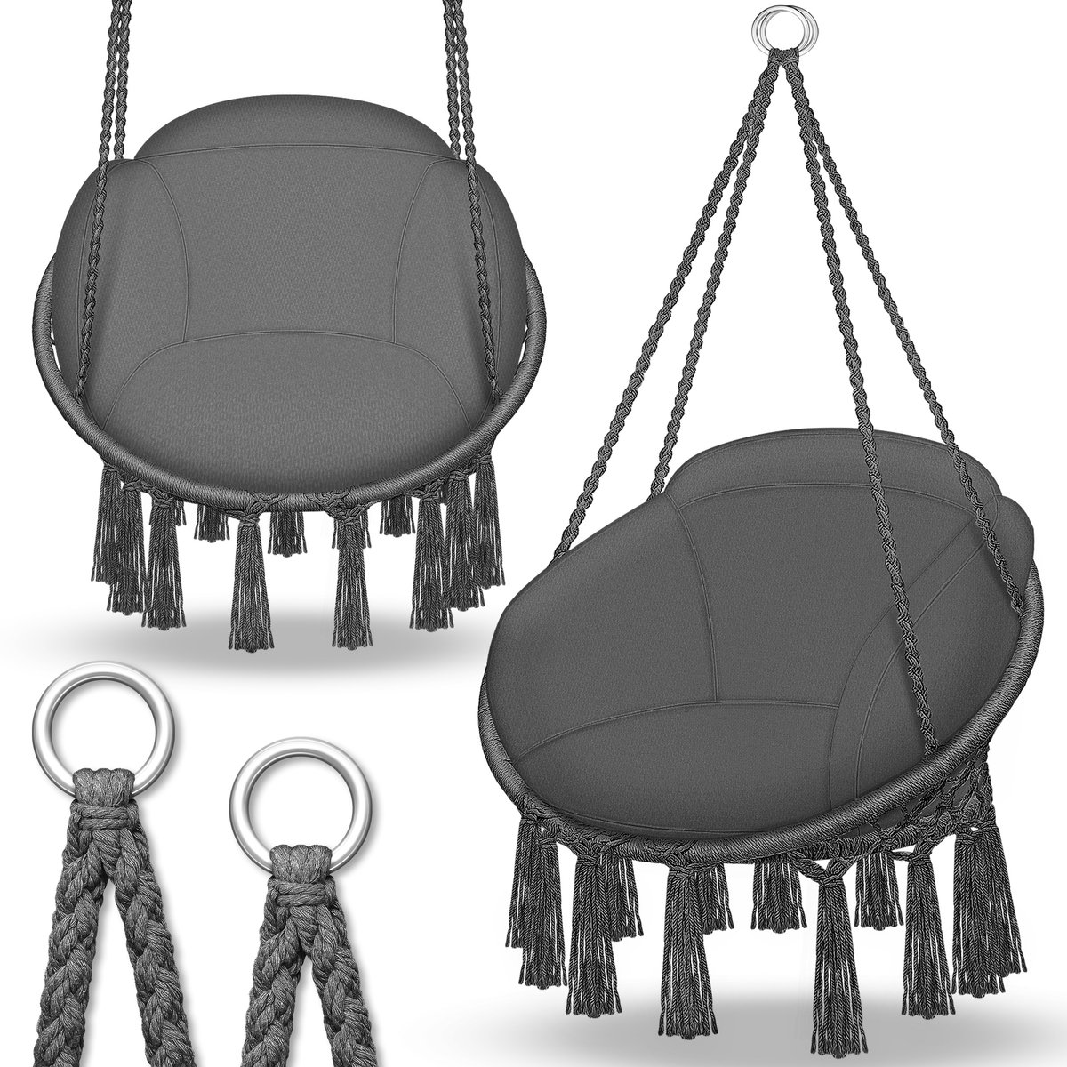 tillvex Hangstoel 150 kg met 2 stalen ringen | Hangstoel voor binnen en buiten | Weerbestendig, schommelmand met kussen | Voor woon- en tuin