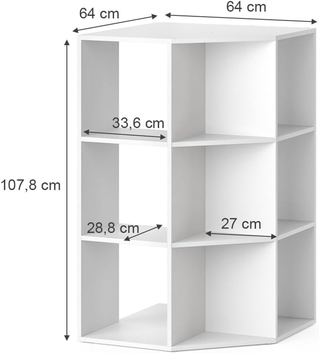 Kinderboekenkast Casa Velluto "Luna" - Witte Hoekplank met 9 Open Planken, Krasbestendig Kindermeubel voor Speelgoed en Boeken, 64x107,8x64 cm, Modern Design voor Kinderkamer en Speelkamer