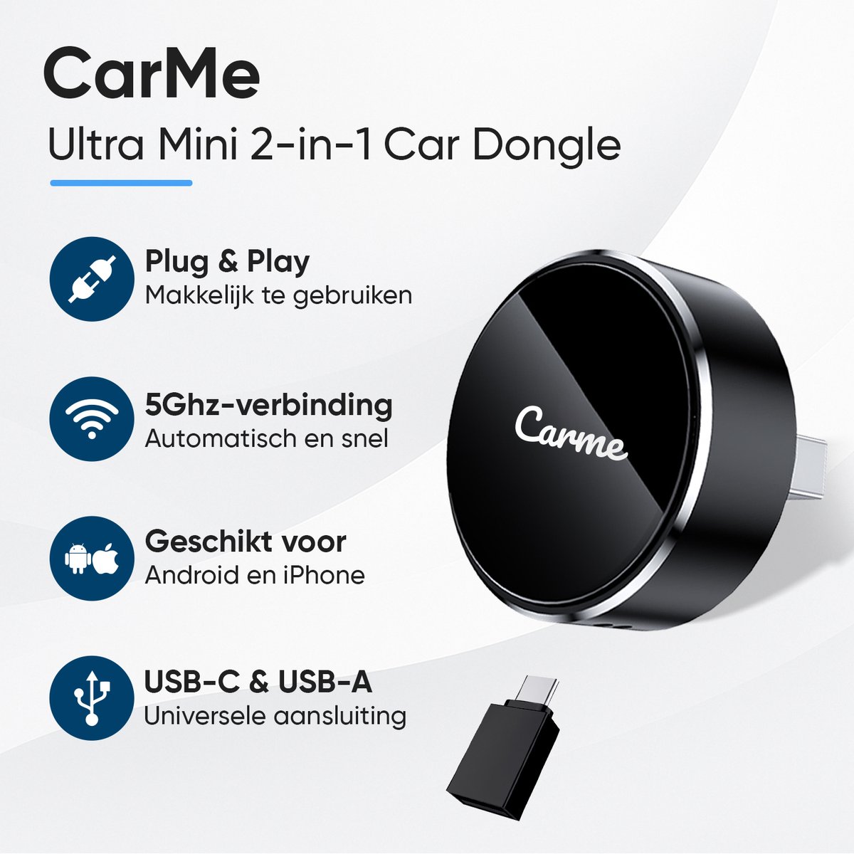CarMe Ultra Mini 2-in-1 draadloze CarPlay en Android Auto adapter USB-A & USB-C, compacte auto dongle - Afbeelding 2