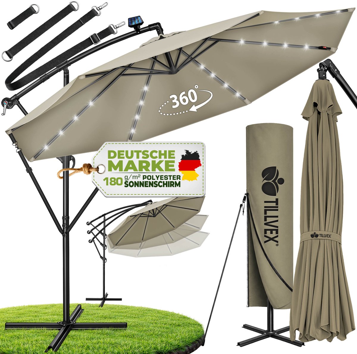 Tillvex - Parasol LED Solar Ø 3m Bruin vrijdragende parasol balkon tuinparasol slinger aluminium