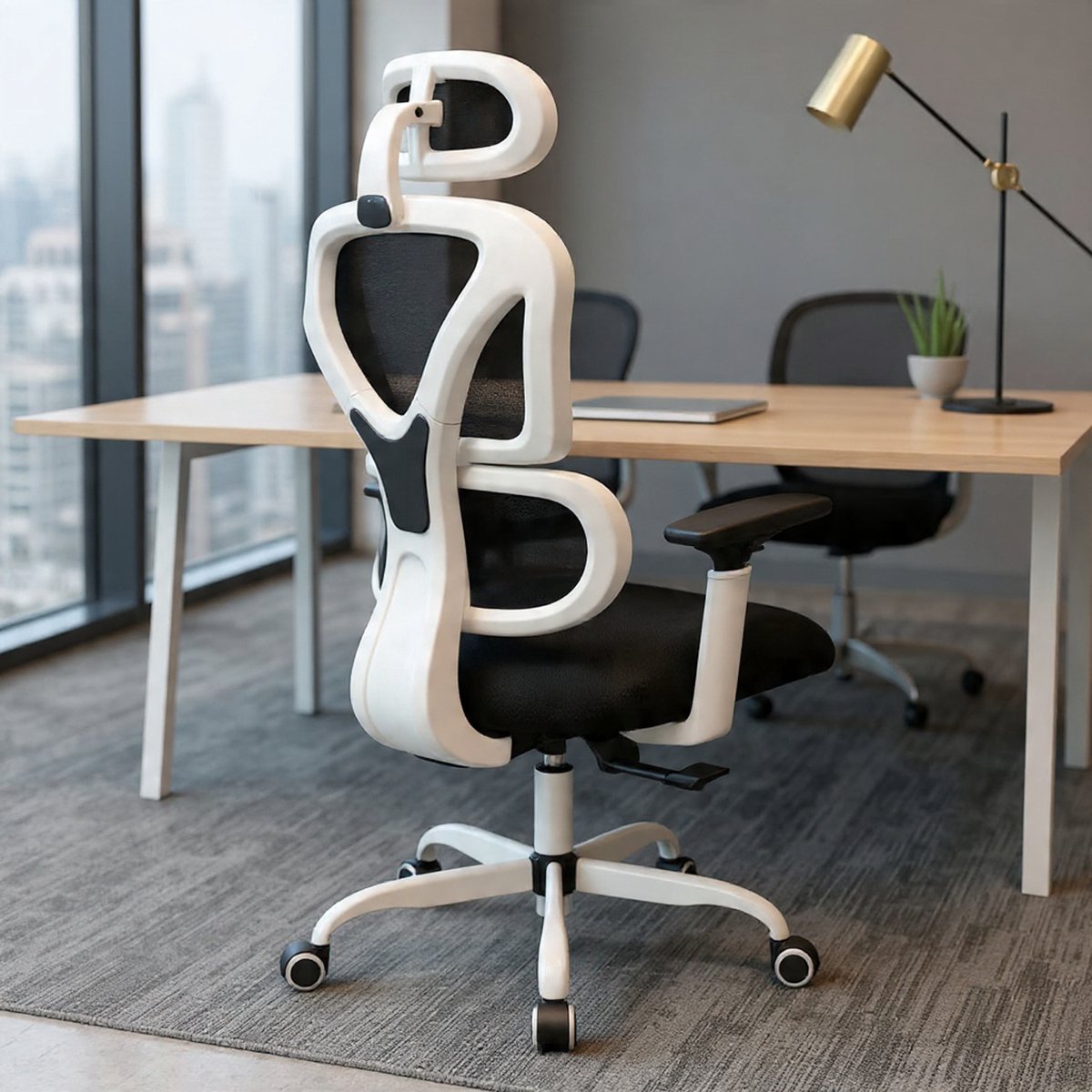 Ergonomische Bureaustoel met Verstelbare Hoofdsteun, Armleuningen, Lendensteun, Verlichting van Rugpijn, Draagvermogen 150 kg/330 lb (Wit) - Casa Serena