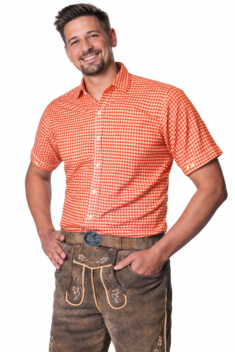 Tannhauser Trachtenhemd Leopold geblokt Oranje korte mouwen Oktoberfest Overhemd Oktoberfest heren Carnavalskleding Heren voor bij Lederhosen Man - 70%Katoen30%Viscose - Katoen - Oranje - Maat L