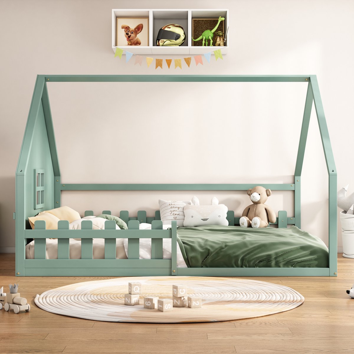 Kinderbed - 140x200 cm - Huisbed met Hekje - Stevig Frame - Grenenhout - Groen