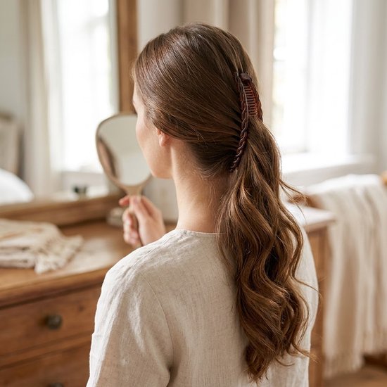 Een vrouw met bruin haar draagt een bruine haarclip in een paardenstaart.