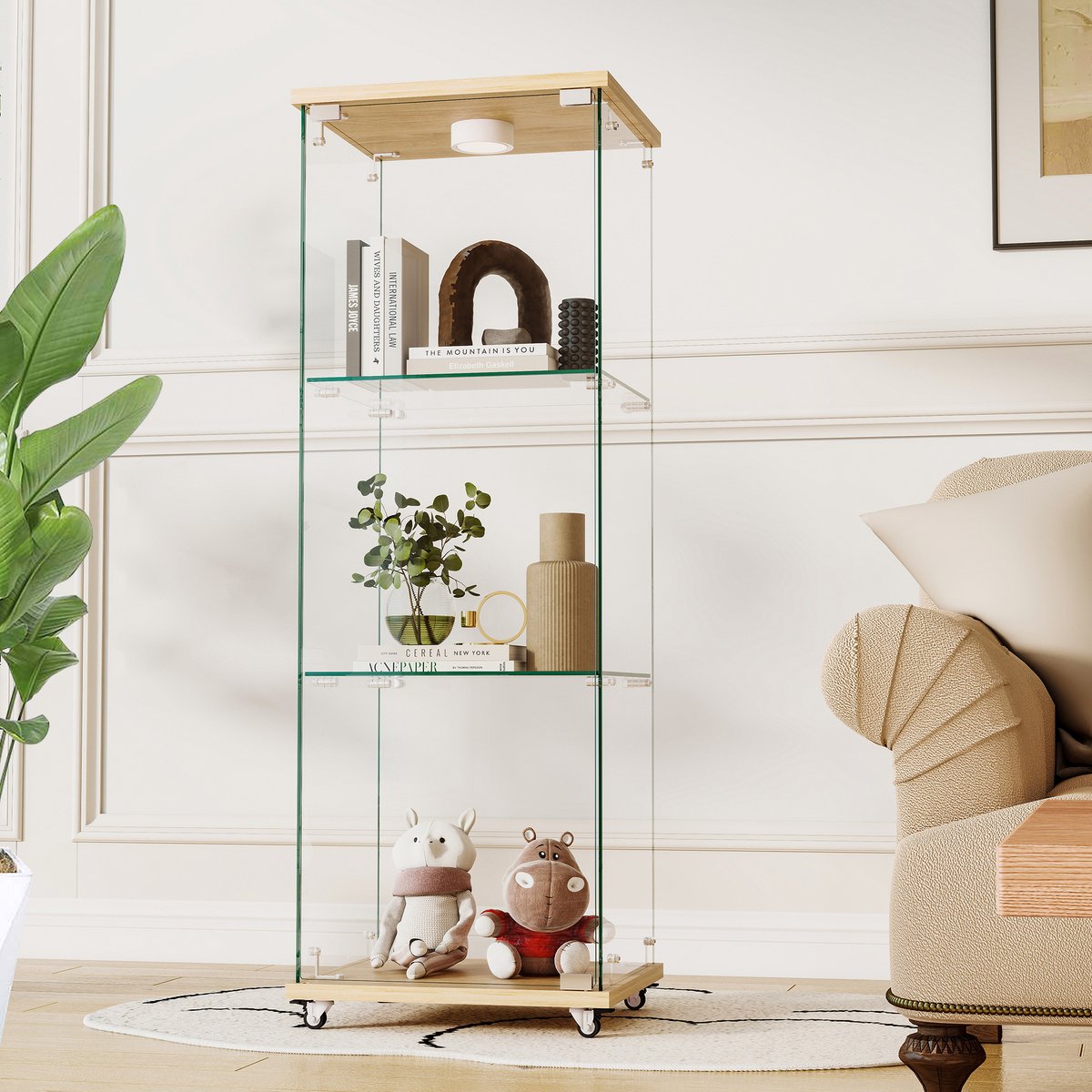 Moderne glazen Vitrinekast met Ledverlichting, Vitrinekast/boekenkast van Gehard glas, Geschikt voor Woonkamer en Slaapkamer, Ontwerp met één deur en drie niveaus, Natuurlijke Houtlook - H120/B42,5/D36,5 cm