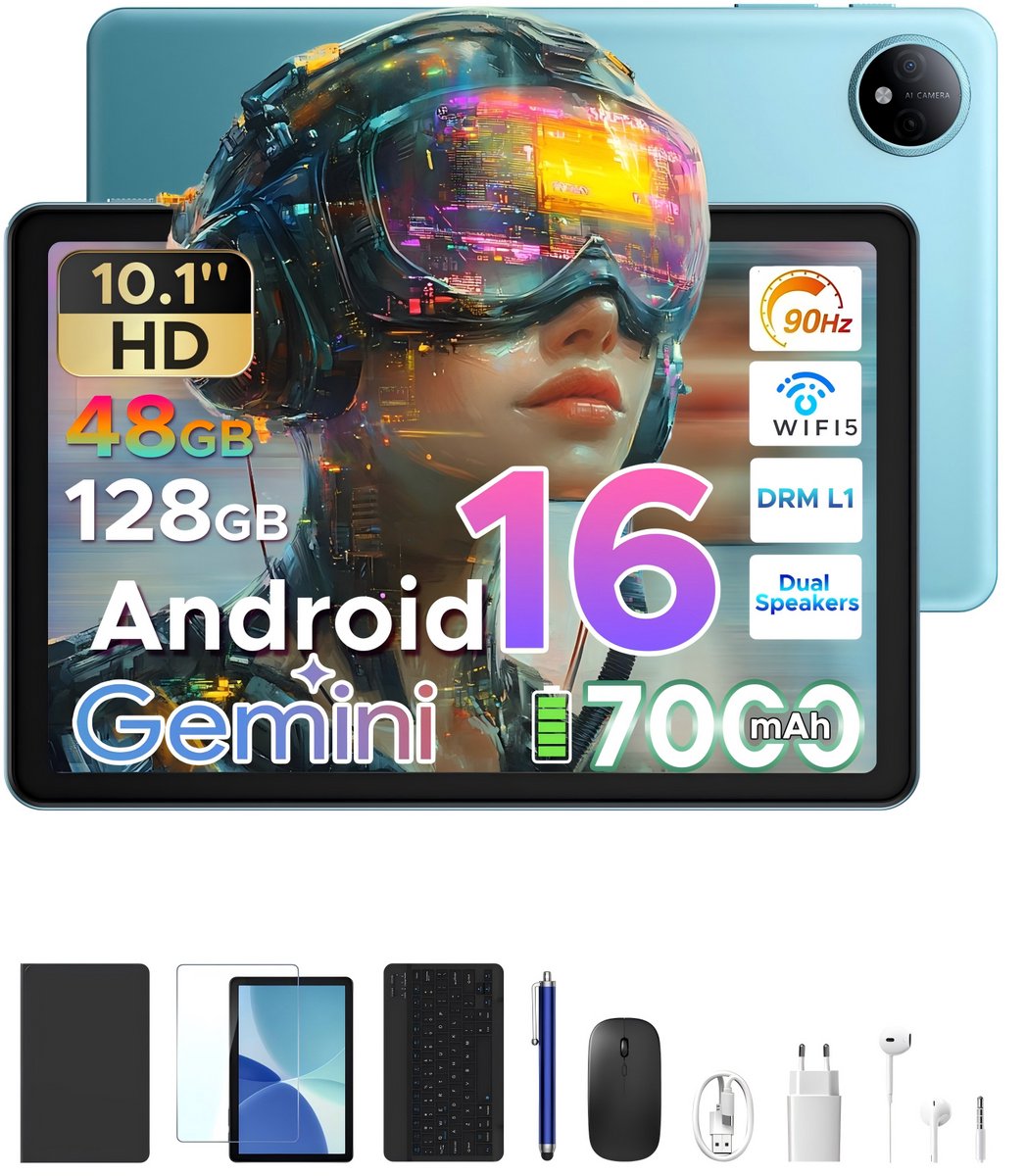 POCKAM P10 TAB - Tablet - 10,1 inch HD 90 Hz IPS - Android 16 - 48 GB RAM (8+40 GB) + 128 GB ROM - 7000 mAh - Quad-Core T310 - Dubbele luidsprekers - Volledige accessoirebundel met toetsenbord en stylus