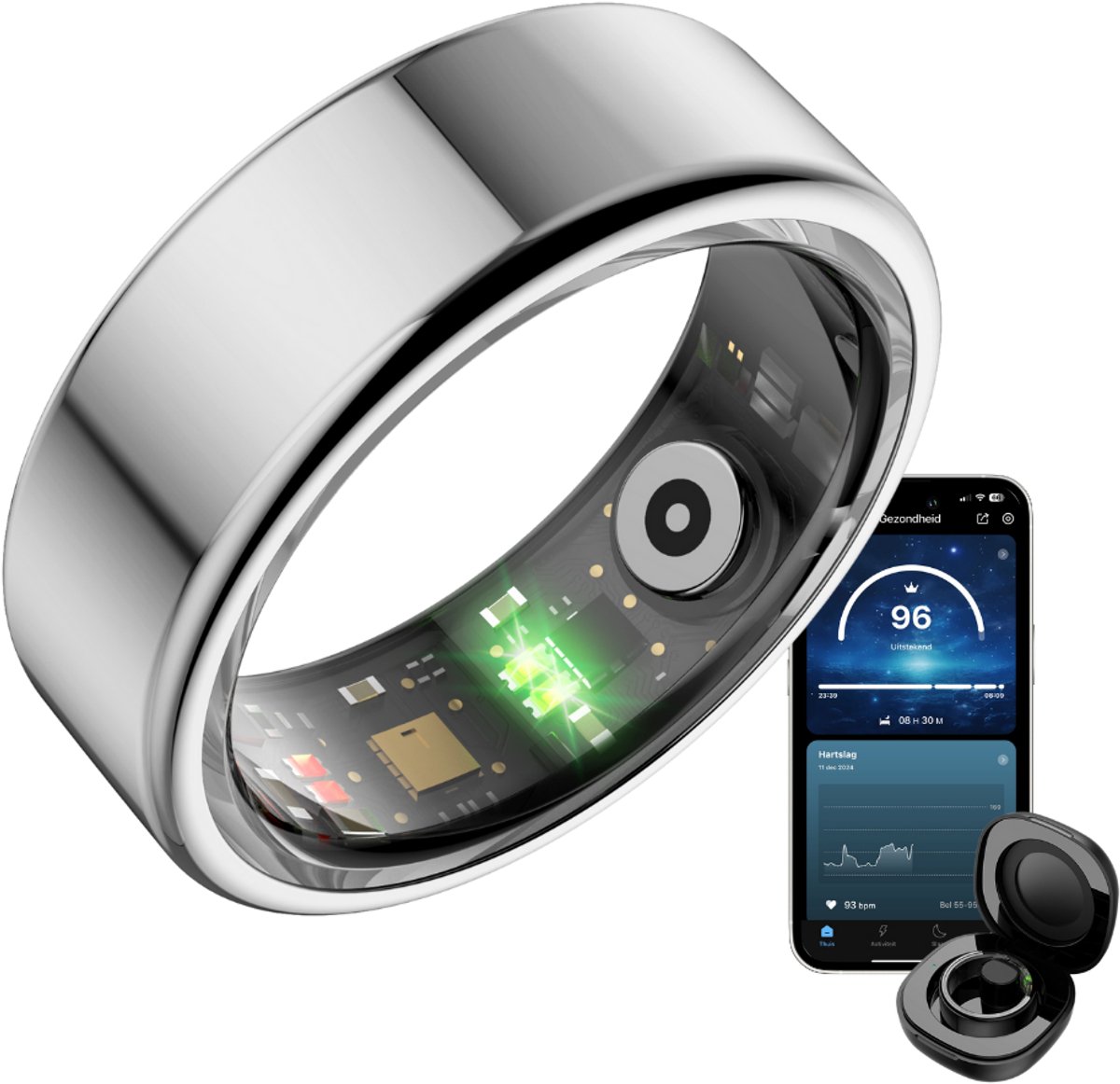 Focus® S1 Smart Ring - Zilver - Maat 9 - Hartslag - Menstruatiecyclus - Slaap Monitor - Slimme Ring - Sport Prestatie - Stappenteller -IP68 Waterdicht - O2 Meting - Dames - Heren - Wearables - Oplaad Case - beschermring