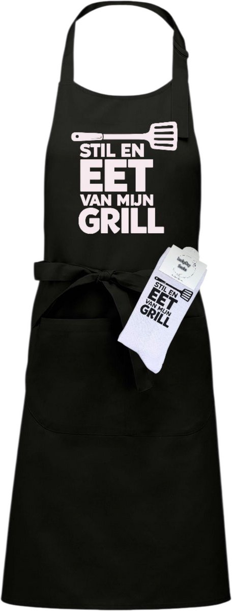 Keukenschort en sokken met tekst - Giftset - Stil en eet van mijn grill - Moederdag - Vaderdag - Zwart - Verstelbaar - Cadeau idee - Verjaardag - Cadeau dames en heren - Liefste Opa en Oma cadeau - Kerst cadeau - Grappig cadeau - Onesize