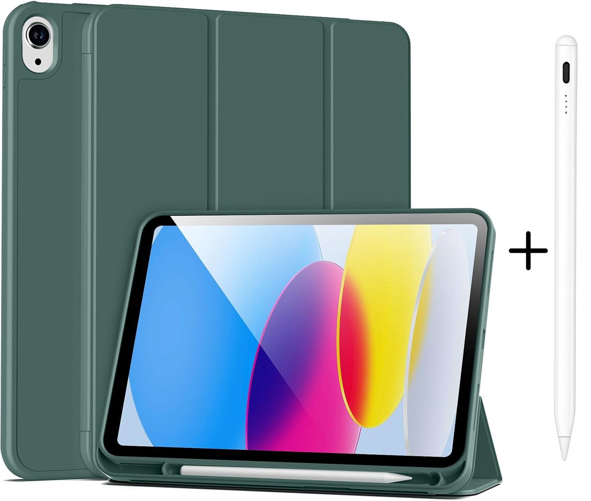 Casemania Stylus en Hoes Geschikt voor Apple iPad 2025 (A16) - Donker Groen - Universeel Stylus Pen - Smart Cover met Pencil Slot Uitsparing