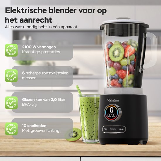TurboTronic BG7 Blender met glazen kan - 2L Glas - 2100W - Smoothie blender - Smoothie maker - RVS van TurboTronic — afbeelding 4