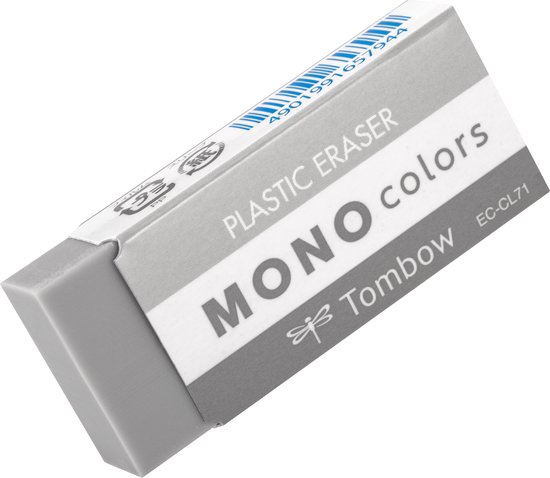 Grijze "MONO colors" gum van Tombow met barcode en tekst "PLASTIC ERASER".