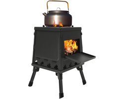 JAQZY Camping - Houtkachel - Opvouwbare Camping Houtkachel - Koken - Grillen - Verwarmen - Koolstofstaal, RVS, Glas - Zwart
