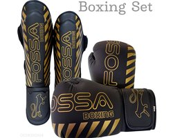 Boxing Gloves + Shin Guards Set Premium Boxing Gloves 10oz / 12oz / 14oz – PU Leather – For Men & Women – Shin Guard S M L PU Leather For Men & Women Kickboxing, Muay Thai & Training – Black & Golden New Model